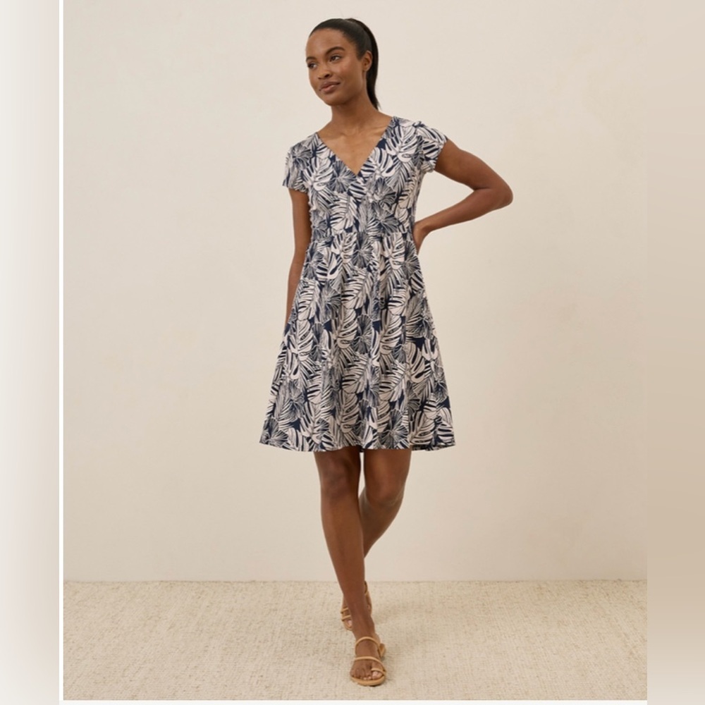 Pact Organic Cotton Crossover Fit & Flare Dress Midnight Blue Palms XS NWOT
